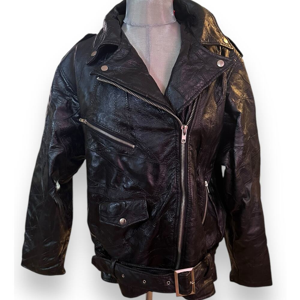 Flight Path Black Vintage 90’s Leather Jacket Moto Biker Patchwork Oversized XL